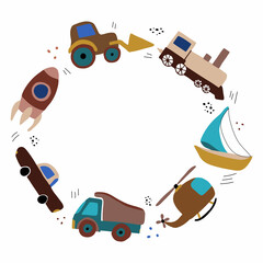 Children frame with cars, ship, truck, rocket, helicopter and train in flat style. Cute illustrations for children's room design, postcards, prints for clothes. Vector