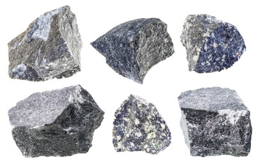 set of various andesite stones cutout on white