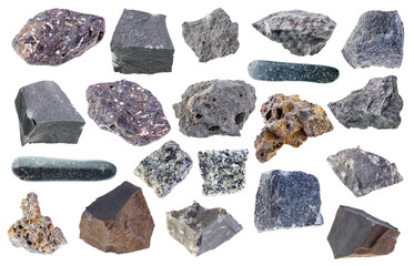 set of various basalt stones cutout on white