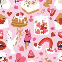 Vector illustration set of cute objects and icons for Valentine s Day. Seamless pattern.