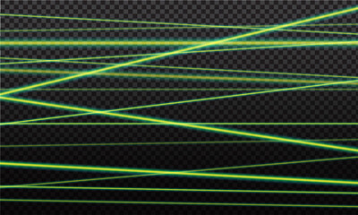 Green laser beam. Laser rays, green lighting effect on transparent black background.