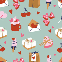 Vector illustration set of cute objects and icons for Valentine s Day. Seamless pattern.