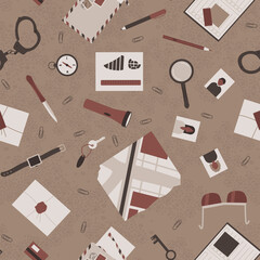 Seamless pattern on the theme of a detective investigation. The detective's accessories, a magnifying glass, handcuffs, a book, and a compass are scattered on the table. Flat vector illustration.