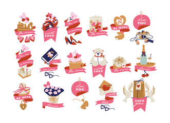 Vector collection of love confessions, romantic slogans or quotes handwritten with elegant calligraphic fonts decorated with signs and symols of love.