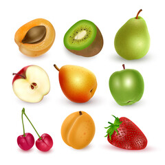 A set of ripe fruits in a realistic style, Apples, pears, cherries and so on, bright fruits, vector format