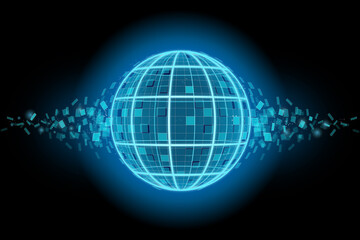 Digital design globe graphic, blue light illustration on black background.