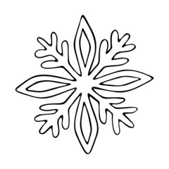 Thin line doodle snowflake. Ice crystal hand drawn. Vector of frosty pattern. Winter snow ornament. Christmas illustration isolated on white background.