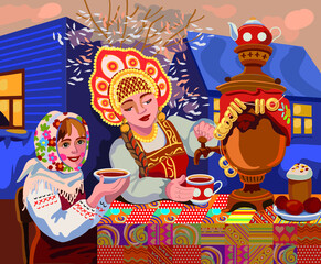 Obraz na płótnie Canvas Russian folk art, Maslenitsa or Shrovetide vector. The image of girls at the table in Russian traditional costumes, drinking tea at the samovar.