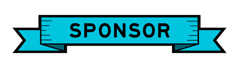 Ribbon label banner with word sponsor in blue color on white background