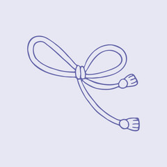 Satin ribbon bow line art. Decoration of festive gift wrapping, hairstyles, clothes. Hand drawn vector illustration. Isolated simple element on purple background.