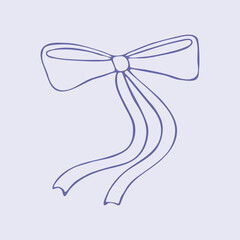 Satin ribbon bow line art. Decoration of festive gift wrapping, hairstyles, clothes. Hand drawn vector illustration. Isolated simple element on purple background.