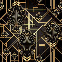 Geometrisches nahtloses Muster im Art-Deco-Stil in Schwarz und Gold. Vektor-Illustration. Brüllendes Design der 1920er Jahre. Jazz-Ära inspiriert. 20 Sek. Vintage Stoff, Textil, Packpapier, Tapete.