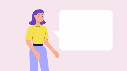 lip syncing Facial Animation for narration. female character speaking, speech bubble, copy space for text. animated footage 2d flat style. talking mouth, lips expressions, articulation. 