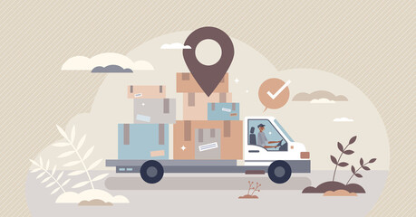 Courier services with package distribution and delivery tiny person concept. Cargo logistics company with shipment export or import vector illustration. Online order parcel transportation business. - obrazy, fototapety, plakaty
