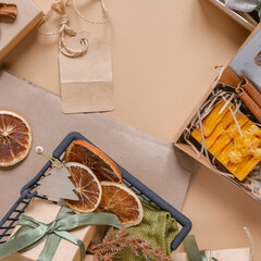 Christmas gift. gift box,zero waste, eco friendly hand made box packaging gifts in kraft paper table, eco christmas holiday concept, Christmas gift wrapping,eco decor banner