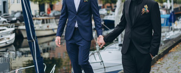 European Gay Couple on a wedding day, same sex couple marriage.