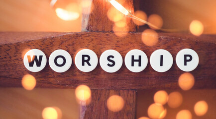 WORSHIP word on Jesus cross .Online Sunday. Church christian pray to JESUS.Good Friday. Easter day. faith, spirituality and Surrender.Copy space for text and presentation.catholic worship background. - obrazy, fototapety, plakaty