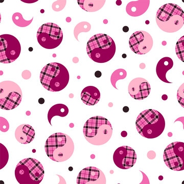 Yin Yang Seamless Pattern With Pink Buffalo Plaid Background