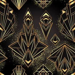 Gordijnen Art deco-stijl geometrische naadloze patroon in zwart en goud. Vector illustratie. Brullend ontwerp uit de jaren 1920. Jazz tijdperk geïnspireerd. 20 s. Vintage stof, textiel, inpakpapier, behang. © vgorbash