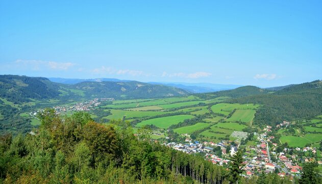 View of the landscape from the lookout tower on the hill Bobovec above the village Stara Bystrica, Slovakia, Europe in summer.