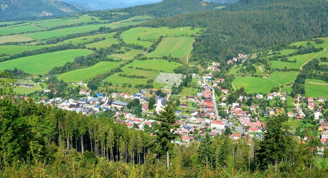 View of the village of Stara Bystrica from the lookout tower on Bobovec, Slovakia, Europe