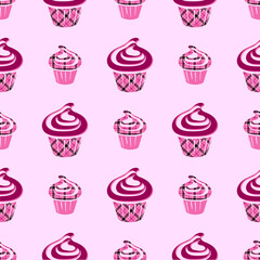 Cupcakes seamless pattern with pink buffalo plaid background.