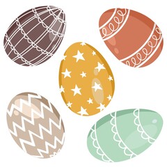 Minimalistic set of colourful Easter eggs with white pattern - zigzag, flower, dots. Happy Easter in trendy pastel colour. Decorative elements in cartoon style. Isolated on white background.