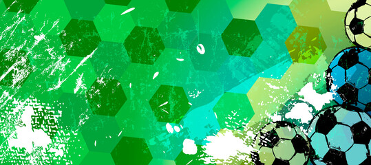 abstact background with football, soccer ball, paint strokes and splashes, grungy, free copy space