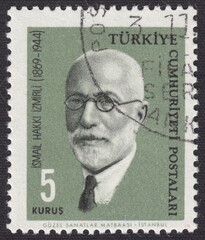 Portrait of Ismail Hakki Izmirli (1869-1944) - Turkish historian and philosopher, stamp Turkey 1964