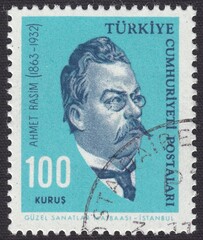 Portrait of Ahmet Rasim (1863-1932) - Turkish writer, translator, historian and journalist, stamp Turkey 1964