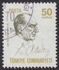 Portrait of Kemal Ataturk - Ottoman and Turkish statesman, political and military figure, stamp Turkey 1970