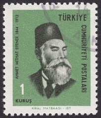 Portrait of Ahmet Mithat Efendi (1844-1912) - Turkish journalist, writer, translator and publisher of the Ottoman Empire, stamp Turkey 1967
