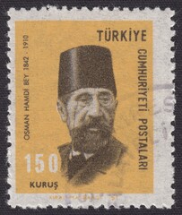 Portrait of Osman Hamdi Bey (1842-1910) - Ottoman painter, archaeologist, Director of the Istanbul Archaeological Museum, stamp Turkey 1967