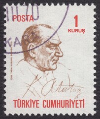 Portrait of Kemal Ataturk - Ottoman and Turkish statesman, political and military figure, stamp Turkey 1970