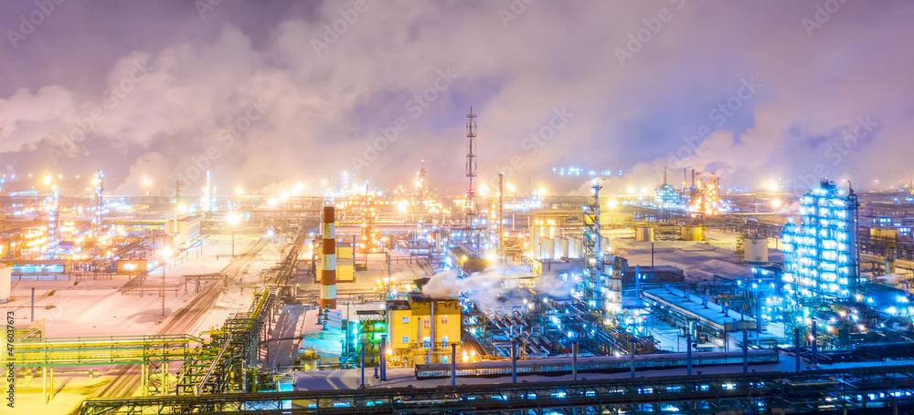 Wall mural aerial drone view of petrol industrial zone or oil refinery in yaroslavl, russia during winter at ni