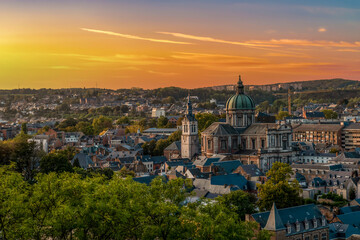 Panoramic Namur city view with Cathedral of Saint Aubain at sunset from Citadel, Namur, Belgium - obrazy, fototapety, plakaty