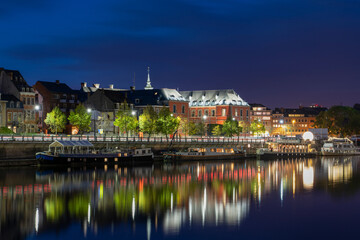 Panoramic Meuse river with reflection. Namur, Belgium.