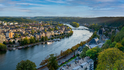 Panoramic Namur city view with Meuse river from the Citadel. - obrazy, fototapety, plakaty
