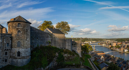 View of Namur Citadel and Meuse river and the city in background. Namur, Belgium. - obrazy, fototapety, plakaty