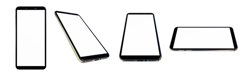 Set of Smartphone isolated on white background with clipping path, mockup mobile white screen for graphic designer, 3D rendering illustration