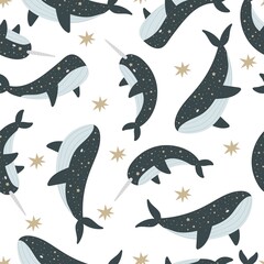 Seamless pattern with cartoon whale, narwhal, stars, décor elements. Colorful vector flat style. hand drawing. design for print, wrapper, fabric.