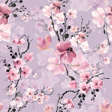  Abstract seamless drawn pattern exotic lovely orchid flowers