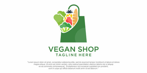 Vegetable shop. Combination of vegan and shopping bags. Premium Logo Templates Vector