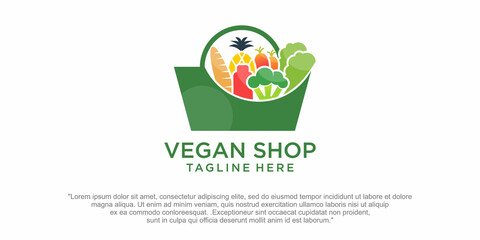 Vegetable shop . combination vegan and bag shop. logo template design Premium Vector