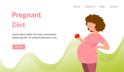 Pregnancy diet banner. Cute Cartoon Pregnant Woman in Trousers and T-shirt Holds Red Apple in Her Hand. Flat Style. Healthy Food Concept During Pregnancy. Vector Illustration.