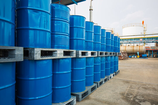 Oil barrels blue or chemical drums vertical