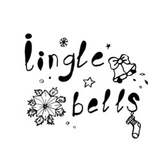 Black white christmas greeting card with calligraphy. Jingle bells. Typography design with snowflakes, flower, sock and bells. Hand drawn doodle lettering for New Year. Vector isolated illustration.