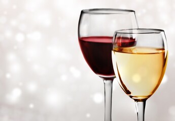 Wines assortment. Red, white wine in wineglasses. Wine bar, shop, tasting concept