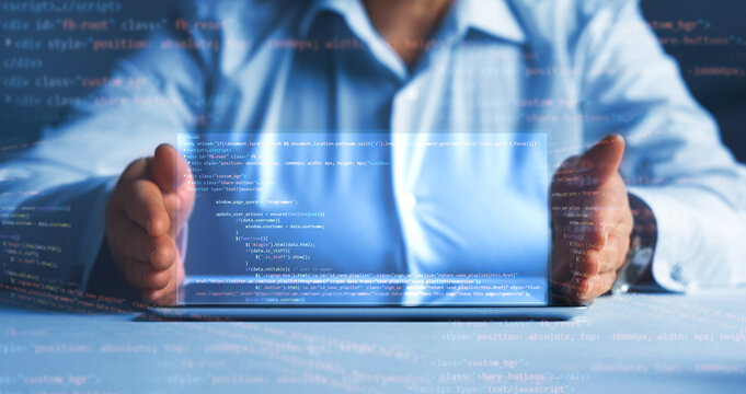 Software apps developer and IT revolution.Digital software development. Programmer working on javascript computer code with  virtual  screen. Programming code technology.