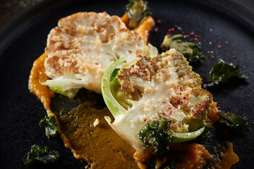 Plate with fried cauliflower steaks and puree